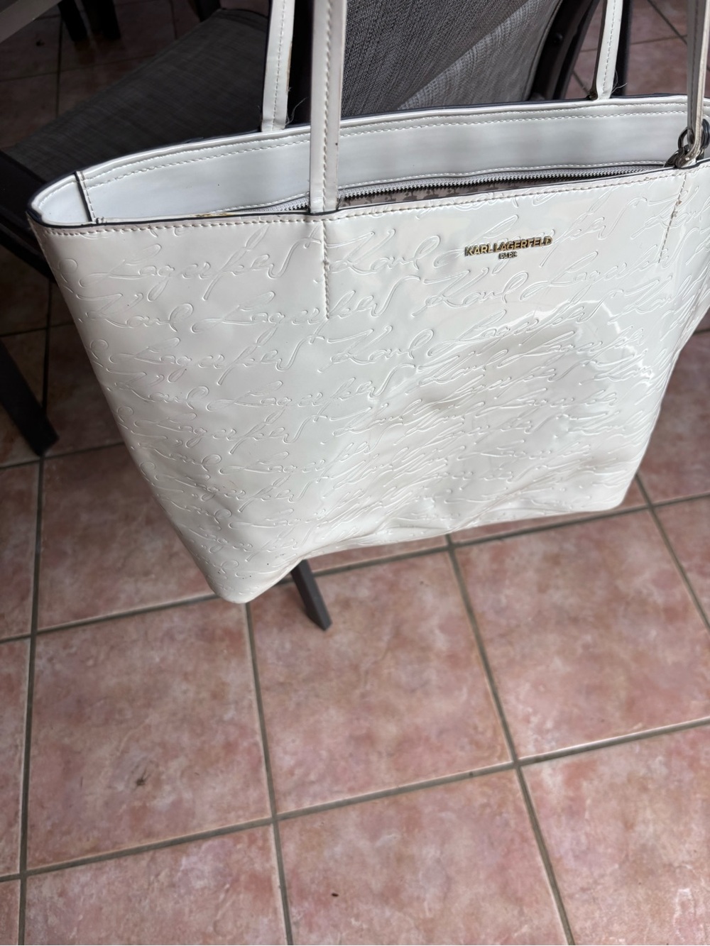 Karl Lagerfeld White Embossed Script Tote